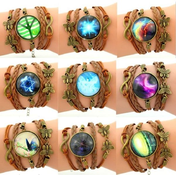 

mixed 11 style fashion jewelry wholesale leather starry sky time gem charm multilayer bracelet ginger snaps statement jewelry, Golden;silver