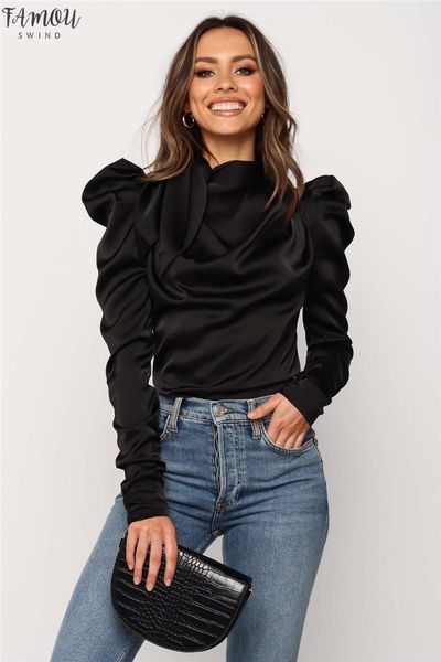 

women satin blouses 2020 fashion high neck long puff sleeve black blouse shirt office lady classic blusas chemise femme, White