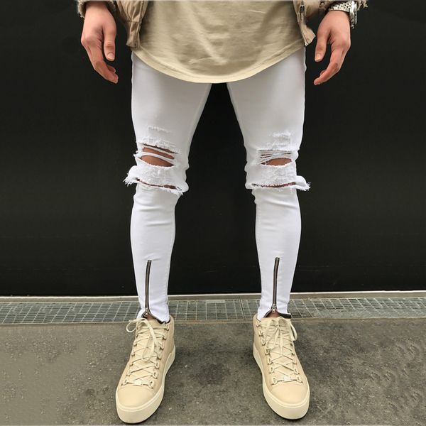 

zipper cuff knee holed trousers tight distressed jogger jeans men skinny ripped denim pants white black blue