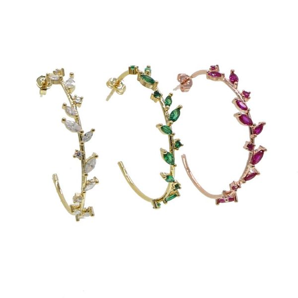 

2020 gold color women trendy large round hoop earrings with red green white cz circle leaves shape filigree wedding gift jewelry, Golden;silver