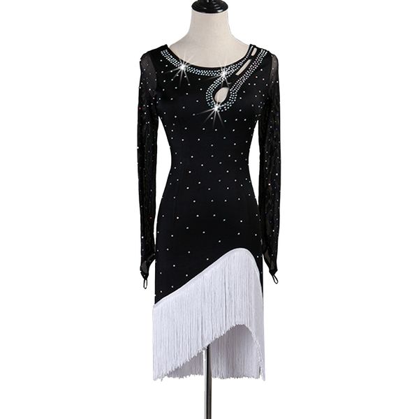 

salsa dance dress latin dance dress women sale samba flapper luxury rhinestones d0541 tassels hem long mesh sleeve, Black;red