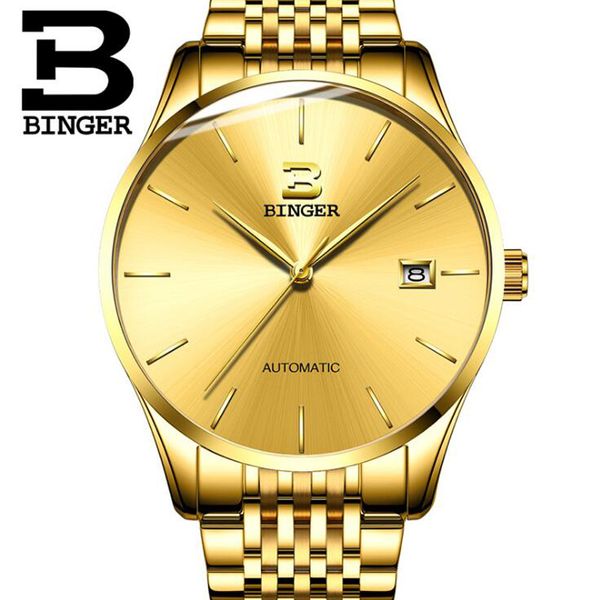 

switzerland binger brand mechanical watch men luxury sapphire waterproof calendar gold watches male relogio masculino 2019, Slivery;brown