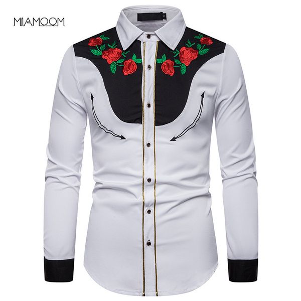 

miamoom mens shirts casual slim fit fashion embroidered shirt rose embroidered long-sleeve shirt, White;black