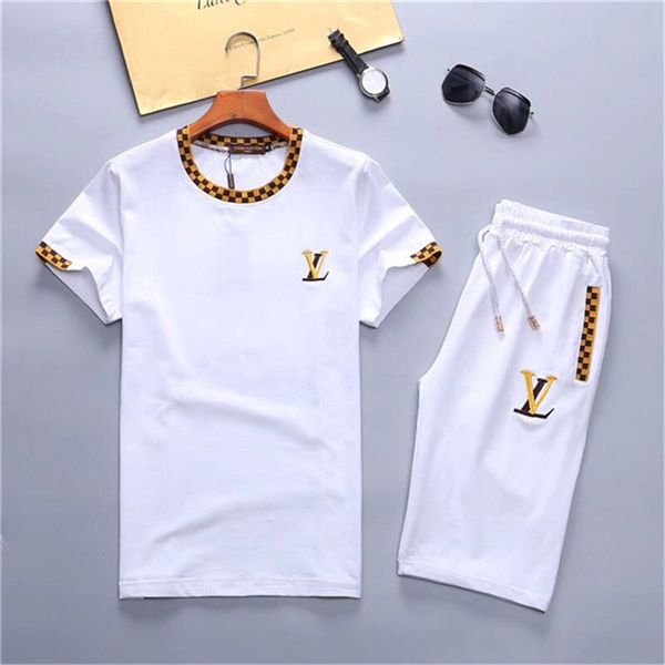 

designer brand men's t-shirt + shorts suit summer short-sleeved sportswear gym casual men's t-shirt 2 pieces brand clothing design, White;black