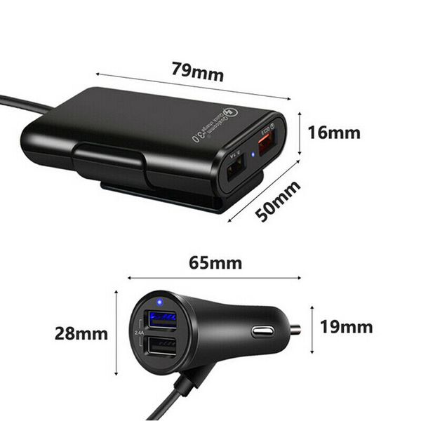 

4 port usb passenger car charger extending usb hub front and backseat for phone