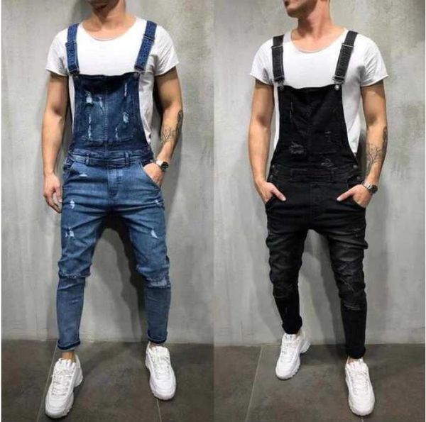 

fashion men's ripped jeans jumpsuits holes loose man cowboy salopettes camisole bound feet pants slim skinny overall, Blue