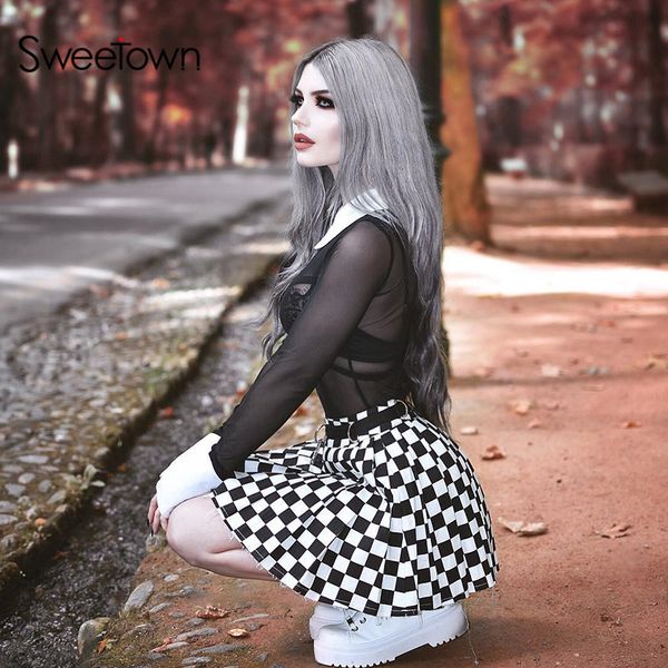 

sweetown gothic streetwear two piece set женщины sexy прозрачный mesh bodysuit и checkerboard печати мини-юбка 2 шт набор, White