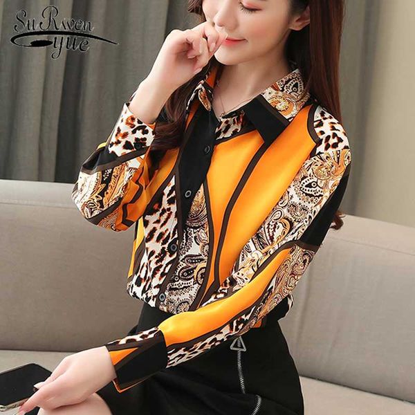 

vintage leopard chiffon blouses women long sleeve shirts new korean printing ladies 2020 blusas mujer de moda 8092 50, White