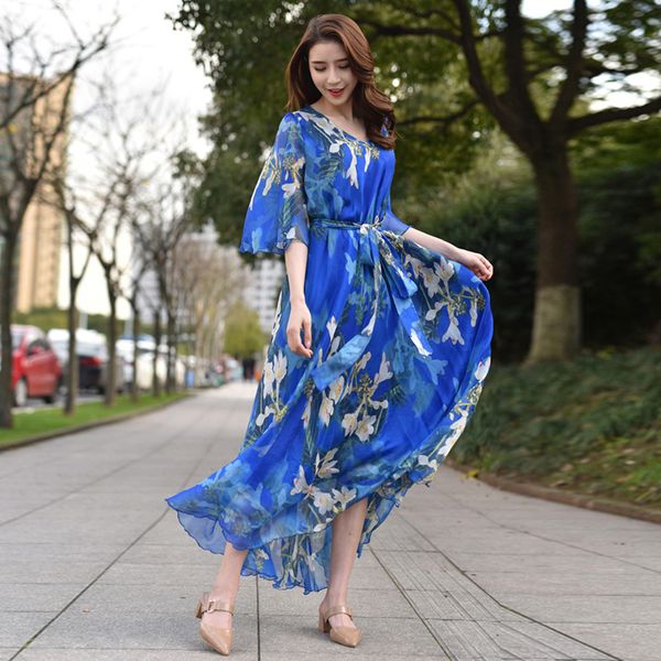 

vintage chic women floral print beach bohemian maxi dress ladies v neck sasheschiffon happie boho dress vestidos plus sizes, Black;gray
