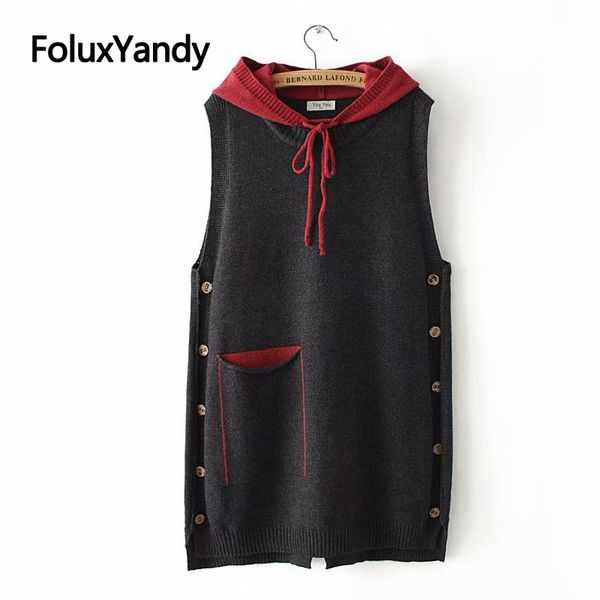 

casual hooded knitted vests women spring autumn outerwear pockets loose plus size sleeveless vest kkfy3195, Black;white