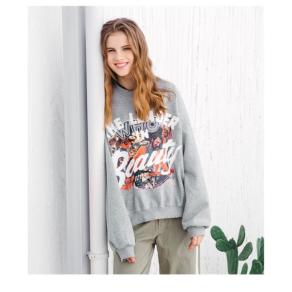 

women designer fashion hoodies 2019 casual worn-out print crew neck hoodie ladies luxury solid color casual clothing, Black