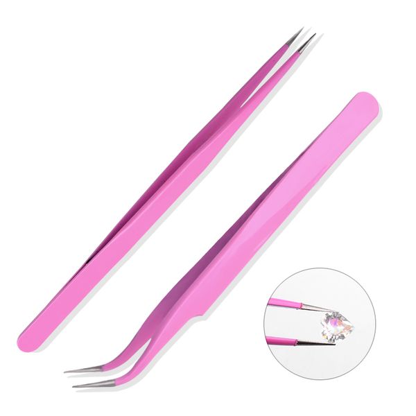 

1 pcs curved straight stainless steel tweezer pink nail sticker false eyelash rhinestone nipper picker makeup nail tool set, Silver