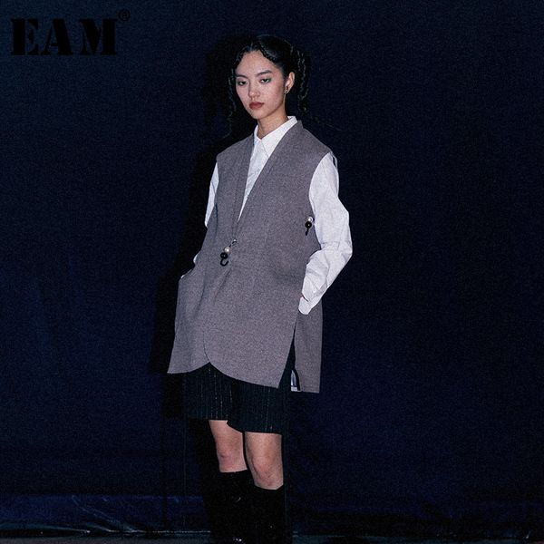 

eam] women purple side vent knitting long loose fit vest new v-collar sleeveless fashion tide spring autumn 2019 1d488, Black;white