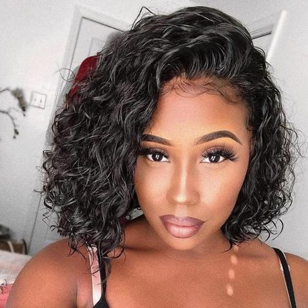 Mhazel 12in 150 Density Short Curly Synthetic Glueless Front Lace Wig Black Dark Brown Hair Color Woman Large Cap Wigs Lace Wigs Front From