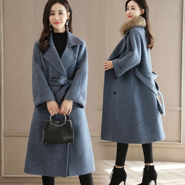 

blue woolen coat female long section korean version 2019 winter new over the knee hepburn wind thin woolen coat female, Black