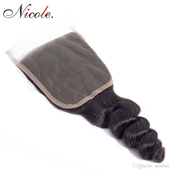 

nicole 4x4 loose wave lace closure middle/three part lace closure with baby hair mongolian human hair 8-20 inch ing, Black