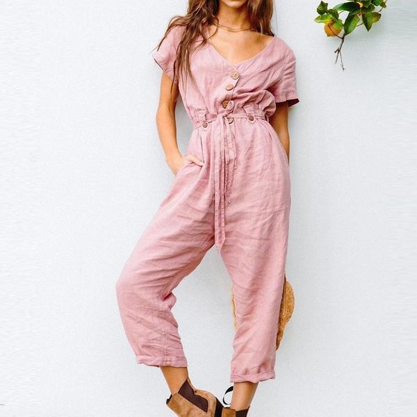 

safari style solid color turn-down collar long sleeve high waist single-breasted cosy jumpsuits rompers overalls pink black, Black;white