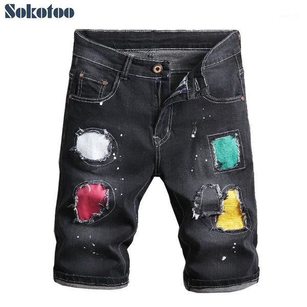 

men's colored patchwork slim straigth stretch denim shorts fashion summer patches knee length ripped jeans1, White;black