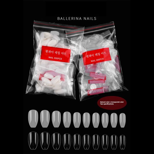 

600pcs/bag ballerina nail art tips transparent/natural false coffin nails art tips flat shape full coverage manicure fake nail, Red;gold