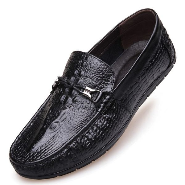 

british doudou men's leather casual shoes flat sole set foot single shoes cow hide crocodile pattern shoes trend, Black