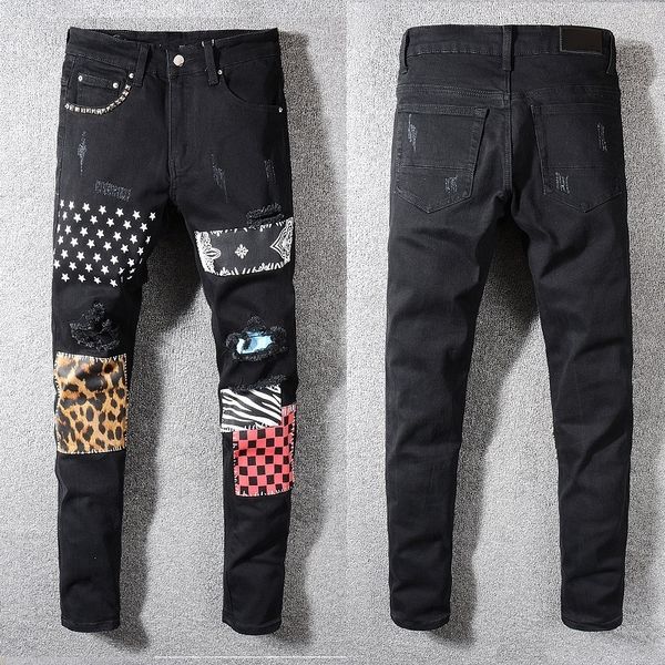 

dsqpleind2 italy style 595 men's distressed destroyed art patches stretch hollow out pant black skinny jeans slim trousers 28-40, Blue