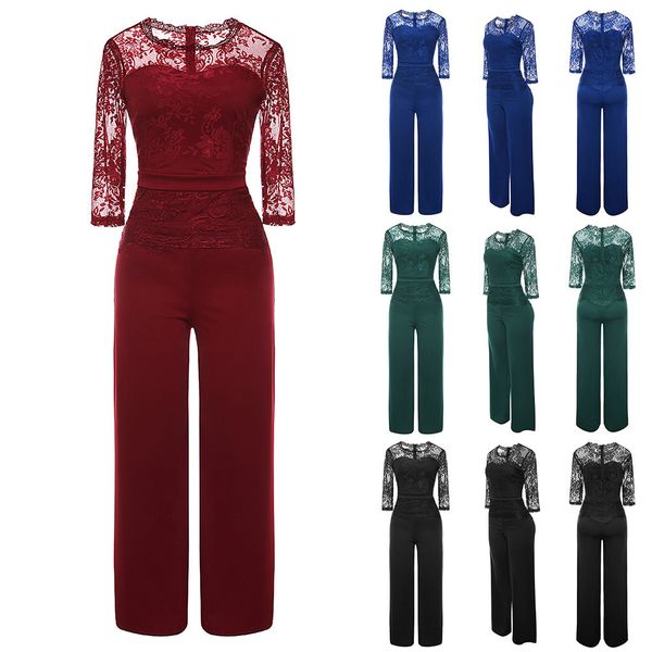 

overalls for women office ladies seven-quarter sleeve jumpsuit party evening casual lace elegant jumpsuit body mujer#ssw, Black;white