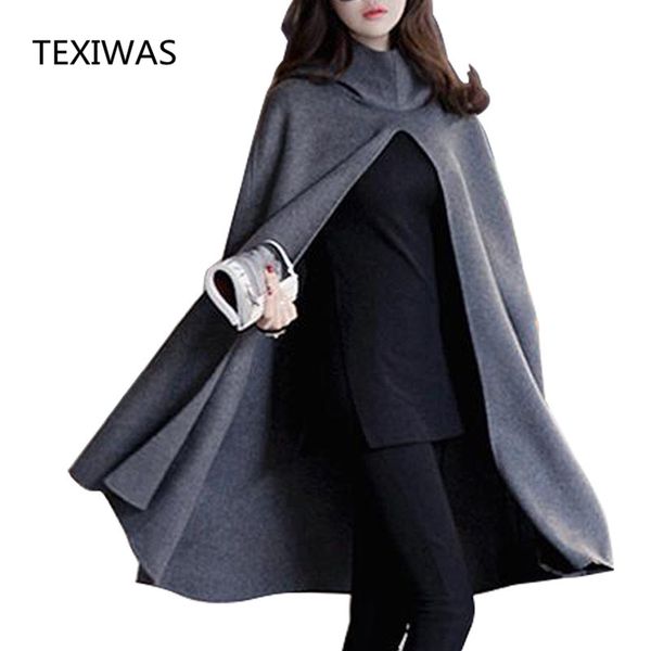 

texiwas new women hooded cloak coat bat sleeve long poncho cape coat 2018 woolen blend shawl plus size irregular ponchoes, Black
