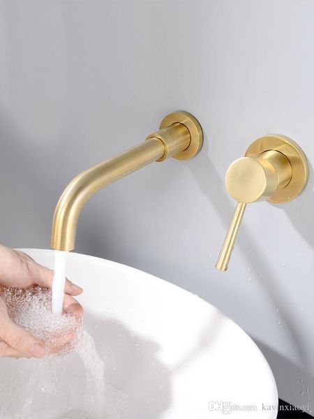 

brushed brass wall mounted basin faucet single handle mixer tap & cold water