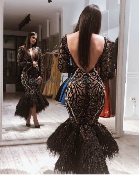

elegant arabic evening dresses mermaid ankle length short prom dresses black deep v neck feather prom dress backless beaded party gowns, Black;red
