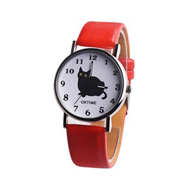 

women kawaii cute cat fashionable leather band round dial quartz sport birthday wrist watch great gift for student girl boy, Slivery;brown