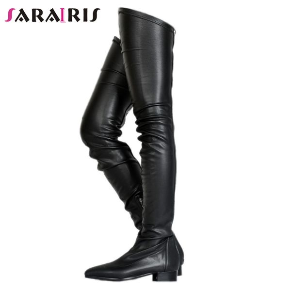 

sarairis new plus size 34 47 casual winter zip up over the knee boots ladies thigh high boots women 2019 pleated shoes woman, Black