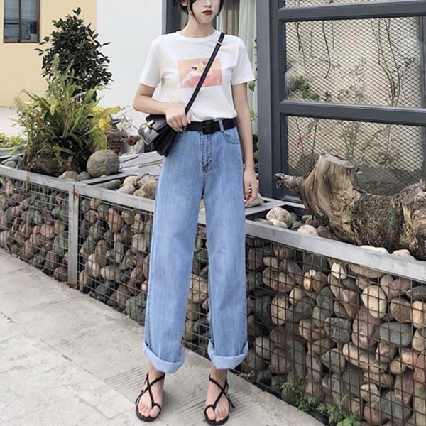 

retro straight jeans women solid color blue loose high waist wide leg jeans women trousers wide leg denim pants trousers