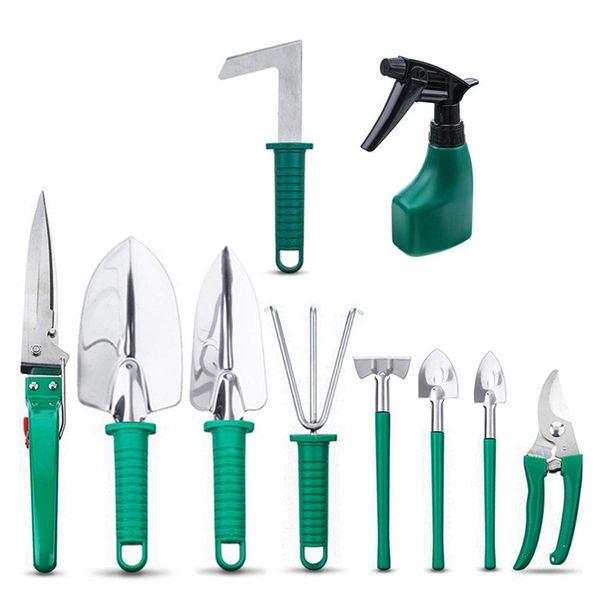 

10 pieces garden tools set - stainless steel gardening tool case with trowel pruner,rakes, shovels,secateurs,weeding knife and m