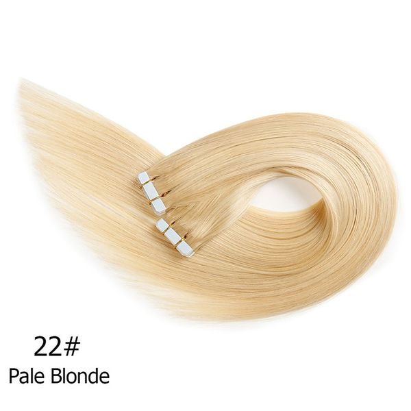 

22'' tape adhesive 20pcs set remy human hair extensions double sided straight wavy skin weft hair extension color 22# 27# 16#, Black