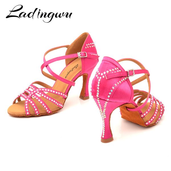 

ladingwu pink red shoes wonan satin latin dance shoes salsa red pomegranate rhinestones soft bottom ballroom dance