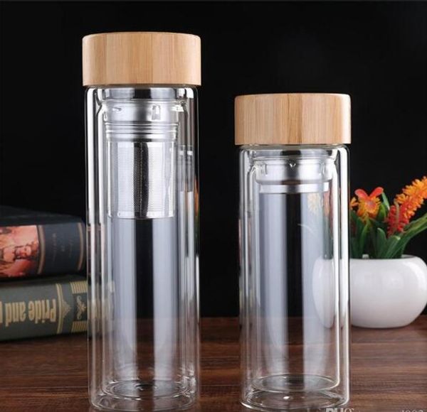 Bottiglie d'acqua con copertura in bambù con filtro per infusore per tè Tazze sottovuoto Strato Bottiglia di vetro antiscottatura per esterni Portare due dimensioni