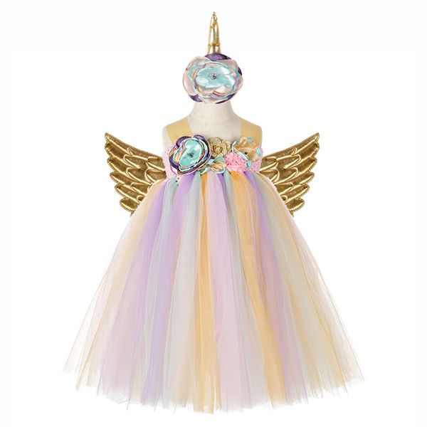 MOLFROA Girls Unicorn Costume Tutu Dresses Girl Rainbow Dress with Headband Gold Wing