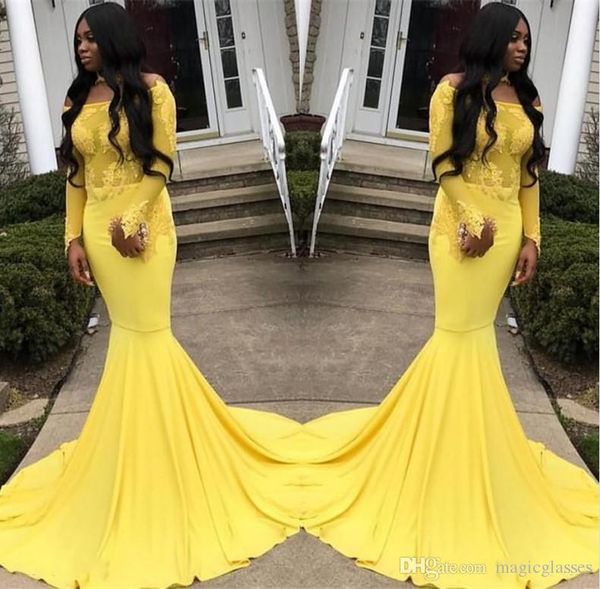 

off shoulder mermaid prom dresses 2019 long sleeves yellow lace party gowns sweep train evening dresses custom made, Black