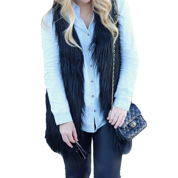 

winter fluffy long faux fur vest women colete feminino 2019 clearance, Black