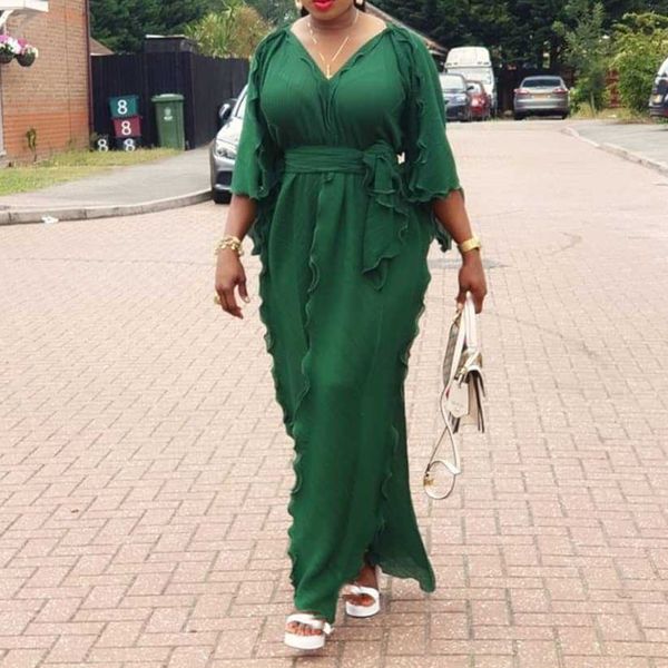 

women long dress casual loose fabala african fashion trends v neck green blue yellow belted lace up high waist dress maxi, Black;gray