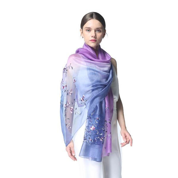 

new summer brand real silk wool scarf elegant gradient large breathable thin silk scarves embroidered shawls