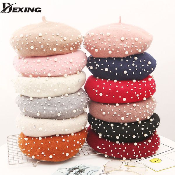

ladies winter pearl diamond decoration beret wool warm french hat bead fashion female women diamond boina painter hat, Blue;gray