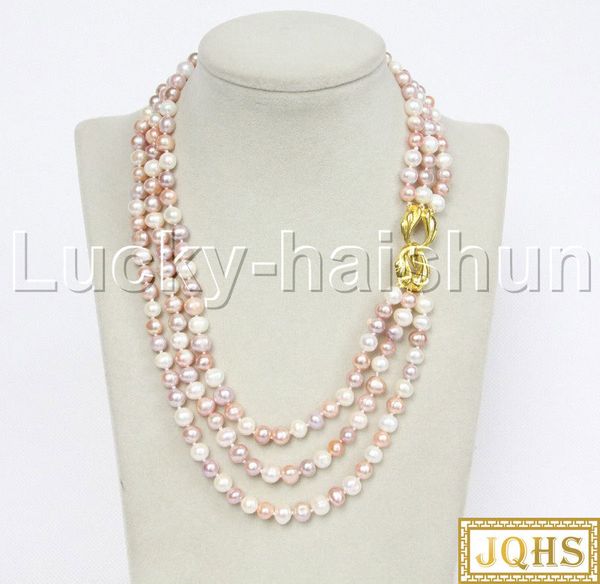 

genuine 17" 3row 7mm round multicolor freshwater pearls beads strand necklace j12334, Silver