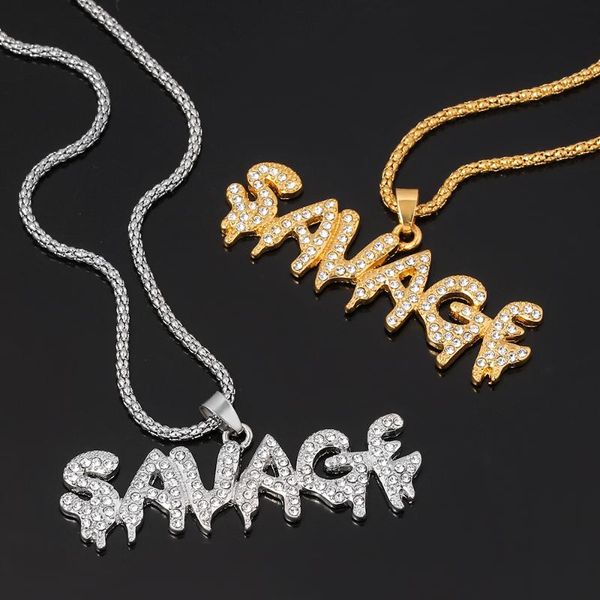 

shiny rhinestone savage letters hip-hop pendant necklace male charm collar chain mania cool jewelry trendy bar party rock gift, Silver