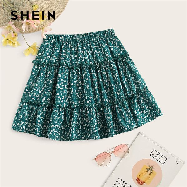

shein lady cute green frilled trim ditsy floral print skater mini skirt women boho casual beach vacation mid waist summer skirt, Black