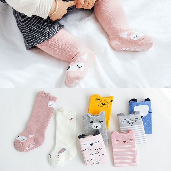 

baby antislip stocking autumn and winter cartoon cotton knee socks newborn boy and girl anti-slip high socks, Pink;yellow