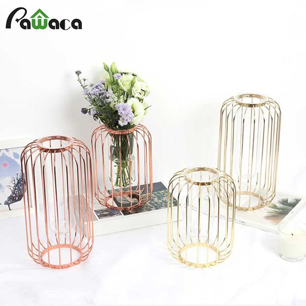 Nordic Ins Lantern Shaped Wrought Iron Vase Glass Gold Plated Iron