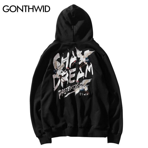 

gonthwid embroidery cranes chase dream print hooded sweatshirts pullover hoodies men harajuku hip hop casual streetwear, Black