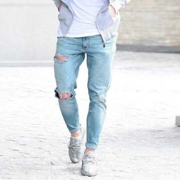

vogue men's jeans fashion denim cotton straight hole trouser distressed streetwear jeans long pant, Blue