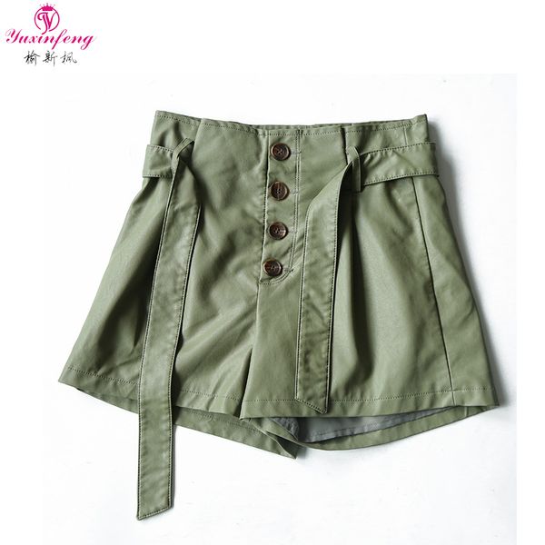 

yuxifeng faux leather shorts women 2019 new high waist korean single breasted belted button pu leather shorts female green blue, White;black